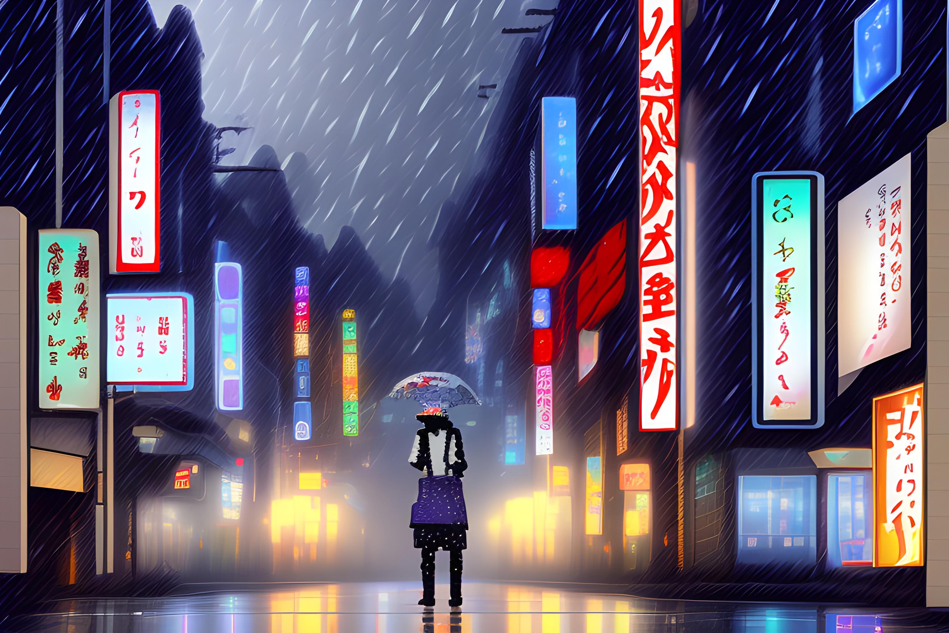 Tokyo in the evening in the rain, in pixel art and with a cat
